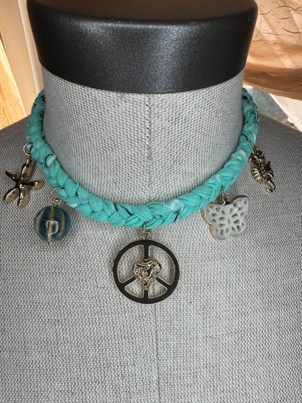 Free People Turquoise Braided Charm Choker Necklace with Peace Pendant